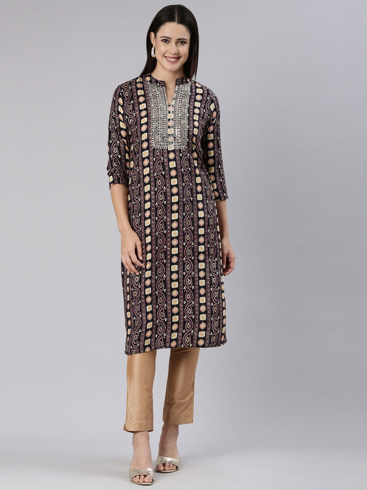 Neerus Black printed paisley straight kurti - front view