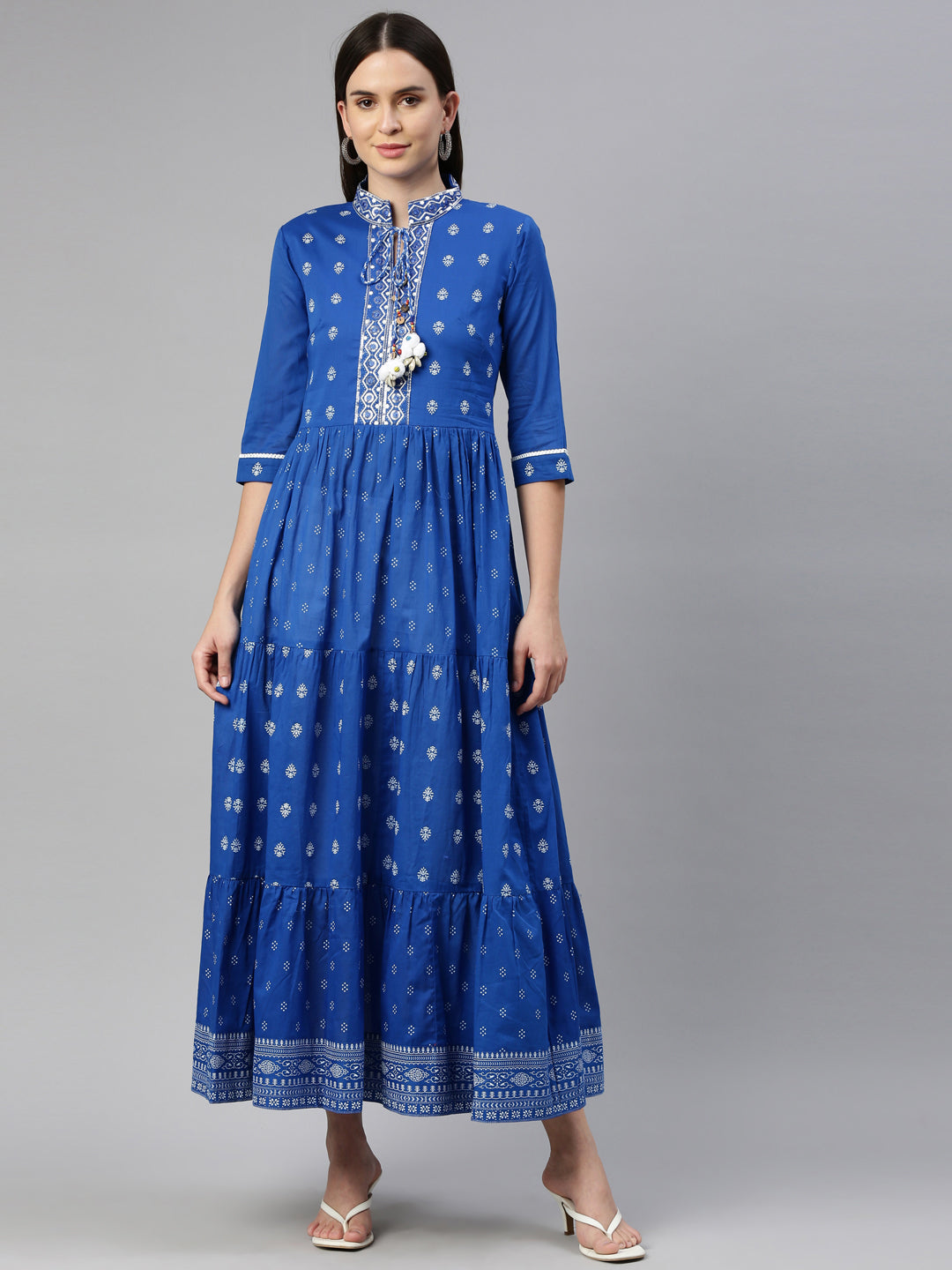 Neerus Blue cotton thread embroidered anarkali kurta - front view