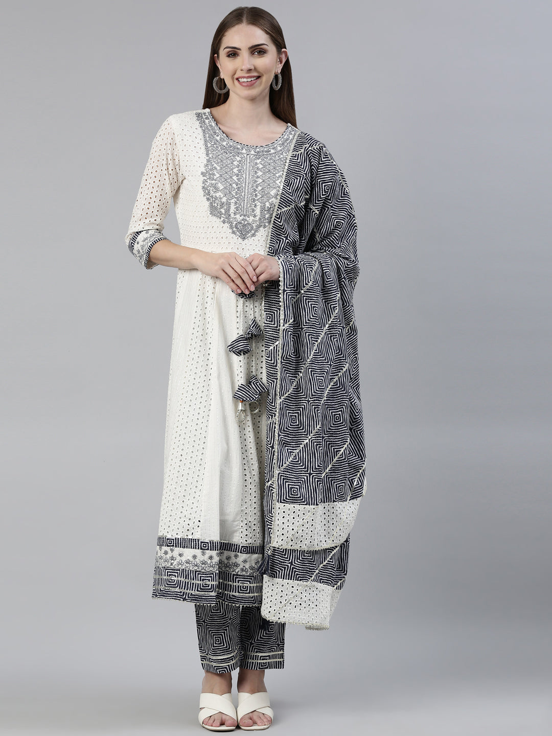 Neerus White Jute Cotton Printed Anarkali Kurta Set - front view