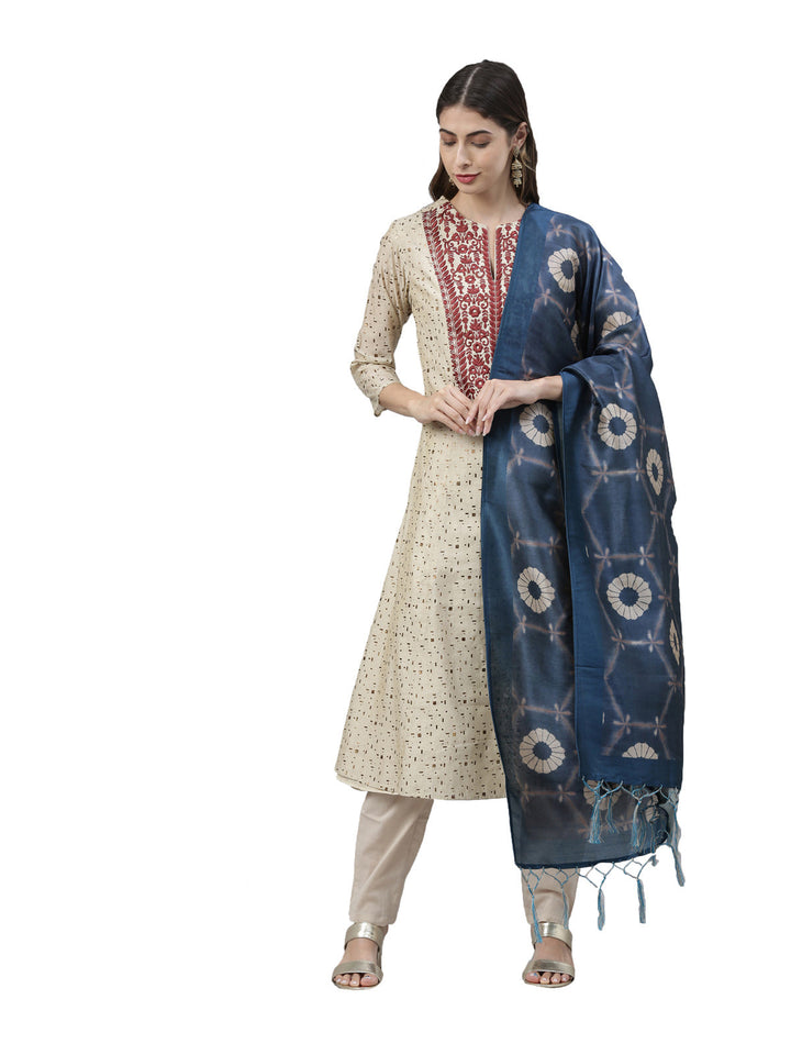 Neerus Beige printed suit set with trousers and dupatta - front view
