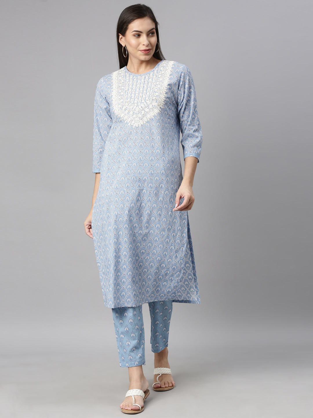 Neerus Blue printed thread embroidered kurta set - front view
