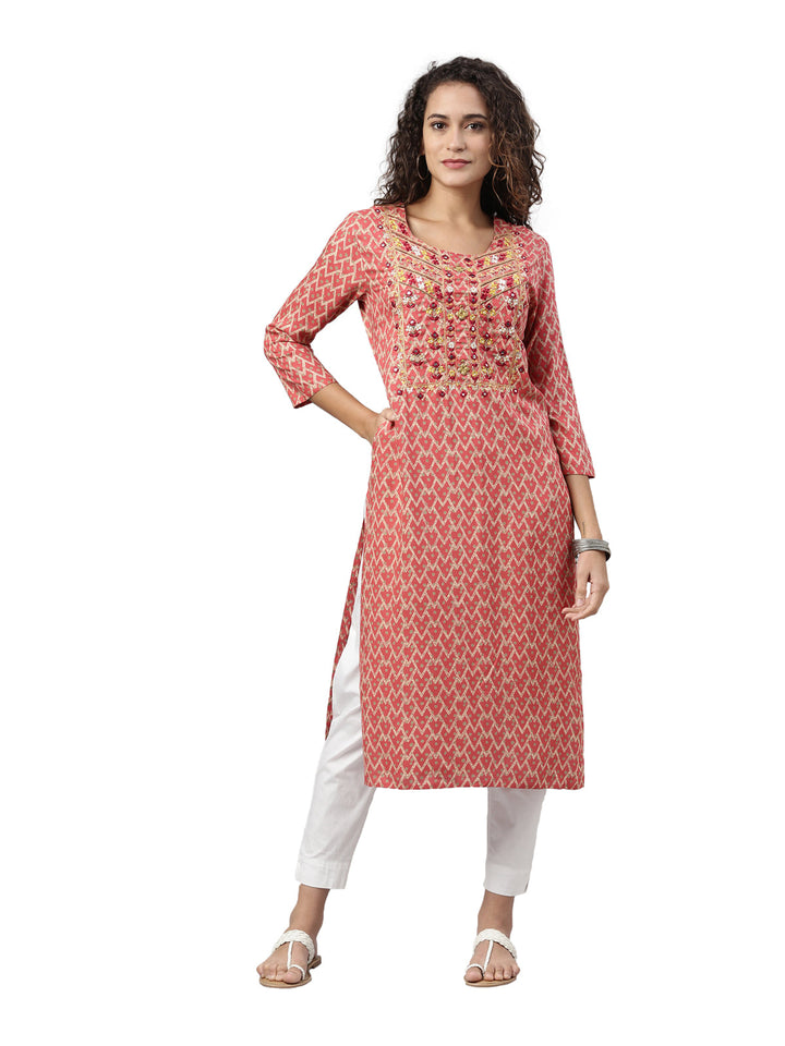 Neerus Red mirror work printed kurta - front view