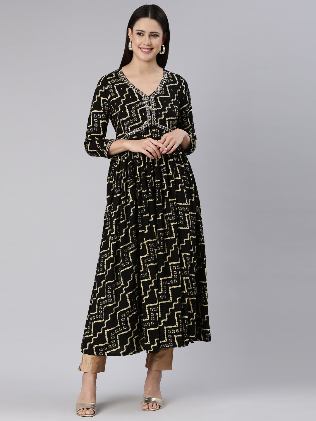 Neerus Black printed chevron straight dress - front view