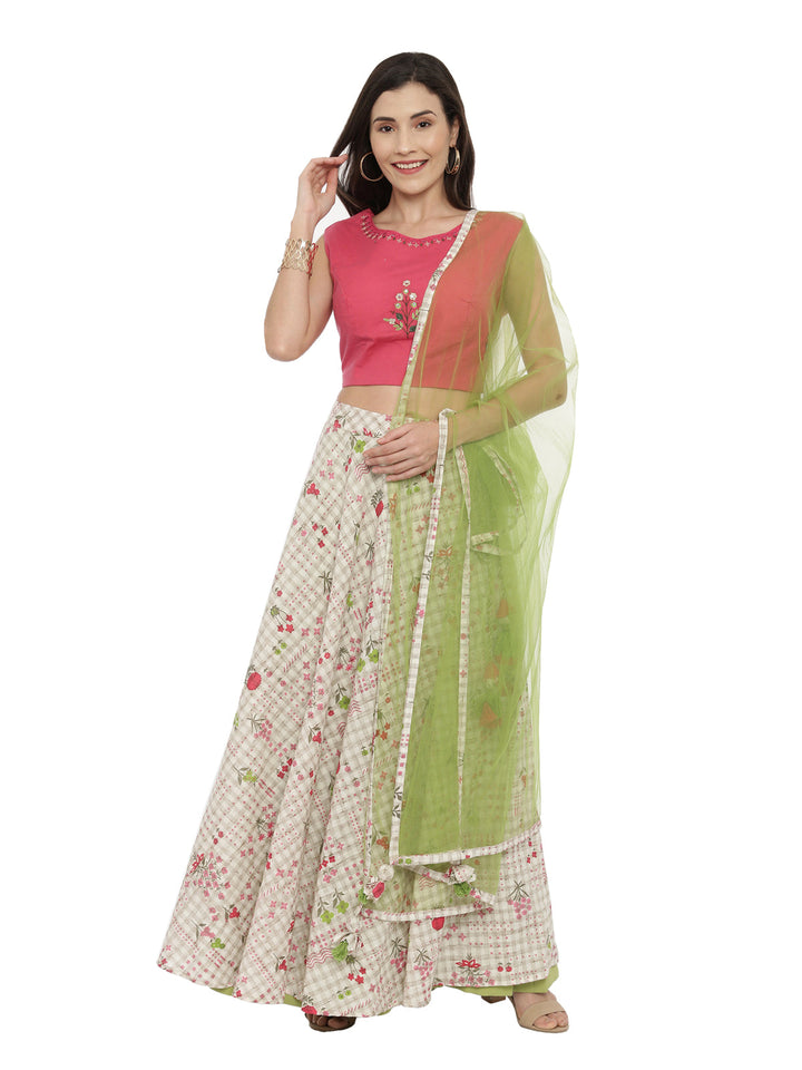 Neerus Beige mirror work embroidered lehenga set - front view