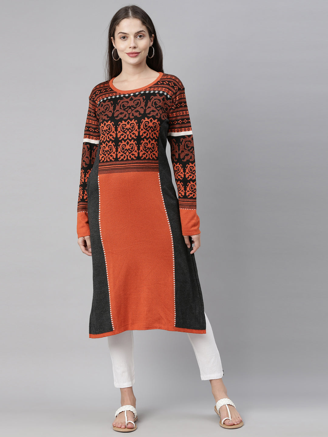 Neerus Black acrylic printed kurta ethnic motifs - front view