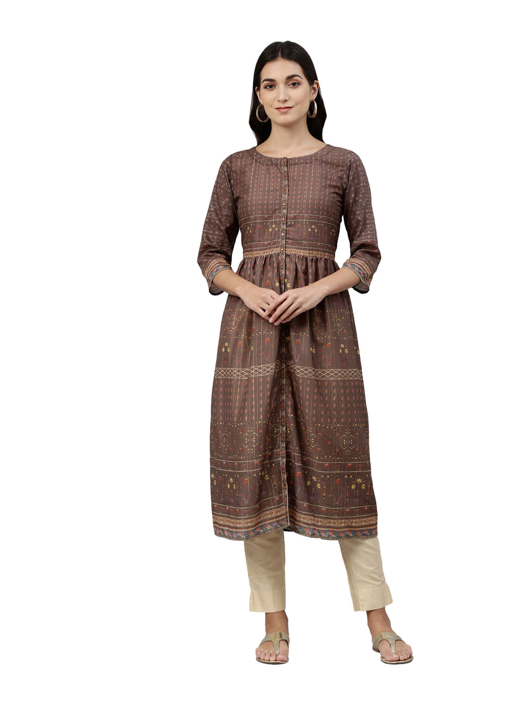 Neerus Brown printed anarkali kurta ethnic motifs - front view
