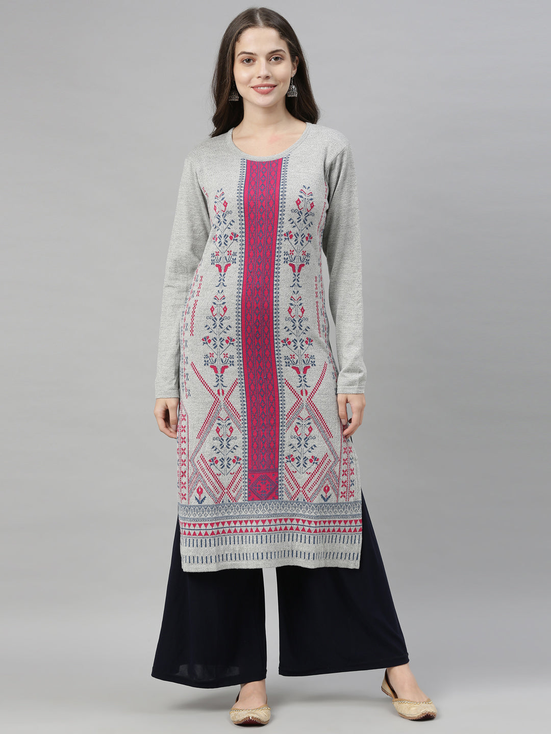 Neerus Grey acrylic printed kurta geometric pattern - front view