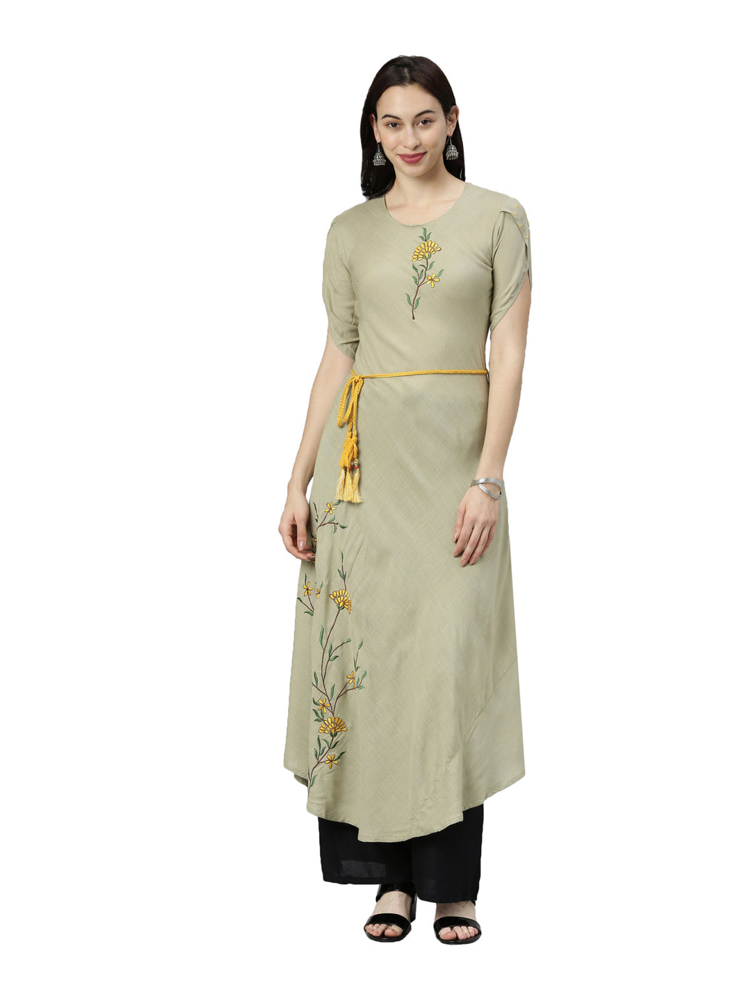 Neerus Green rayon thread embroidered kurti - front view