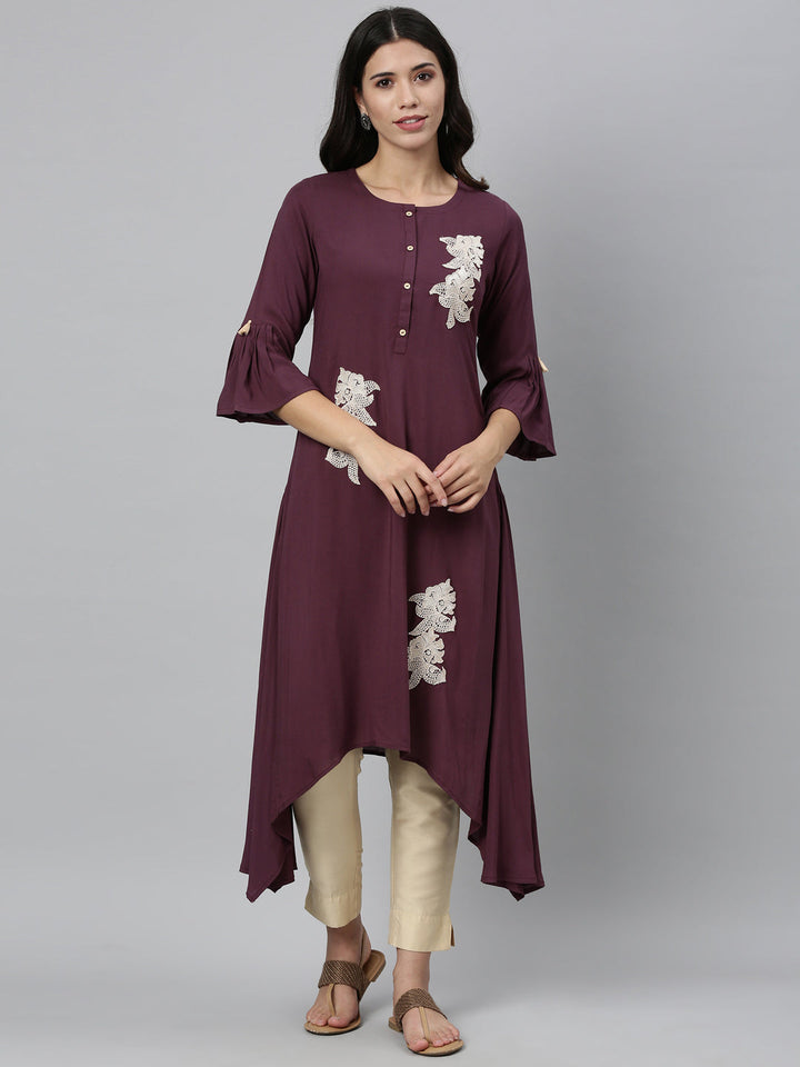 Neerus Purple thread embroidered kurti - front view