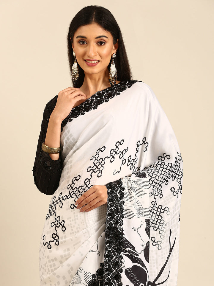 Black & white satin printed saree with hand embroidery & ready made blouse