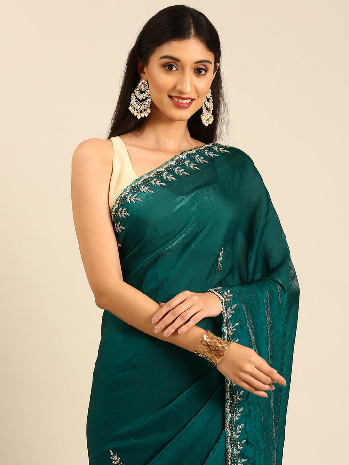 Neerus Green tissue embellished saree - side view
