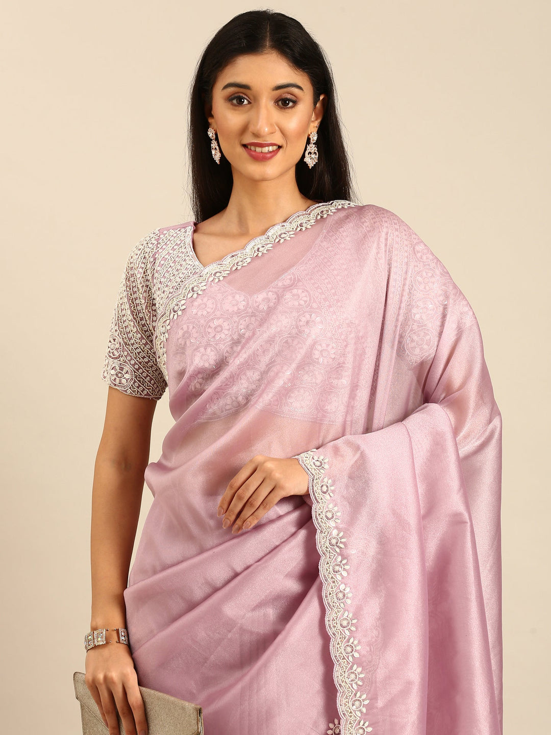 Neerus Purple tissue embellished saree with readymade blouse - side view