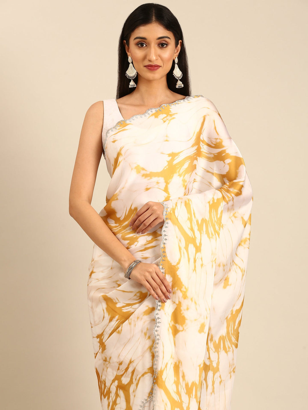 Neerus Yellow satin embellished printed saree - side view