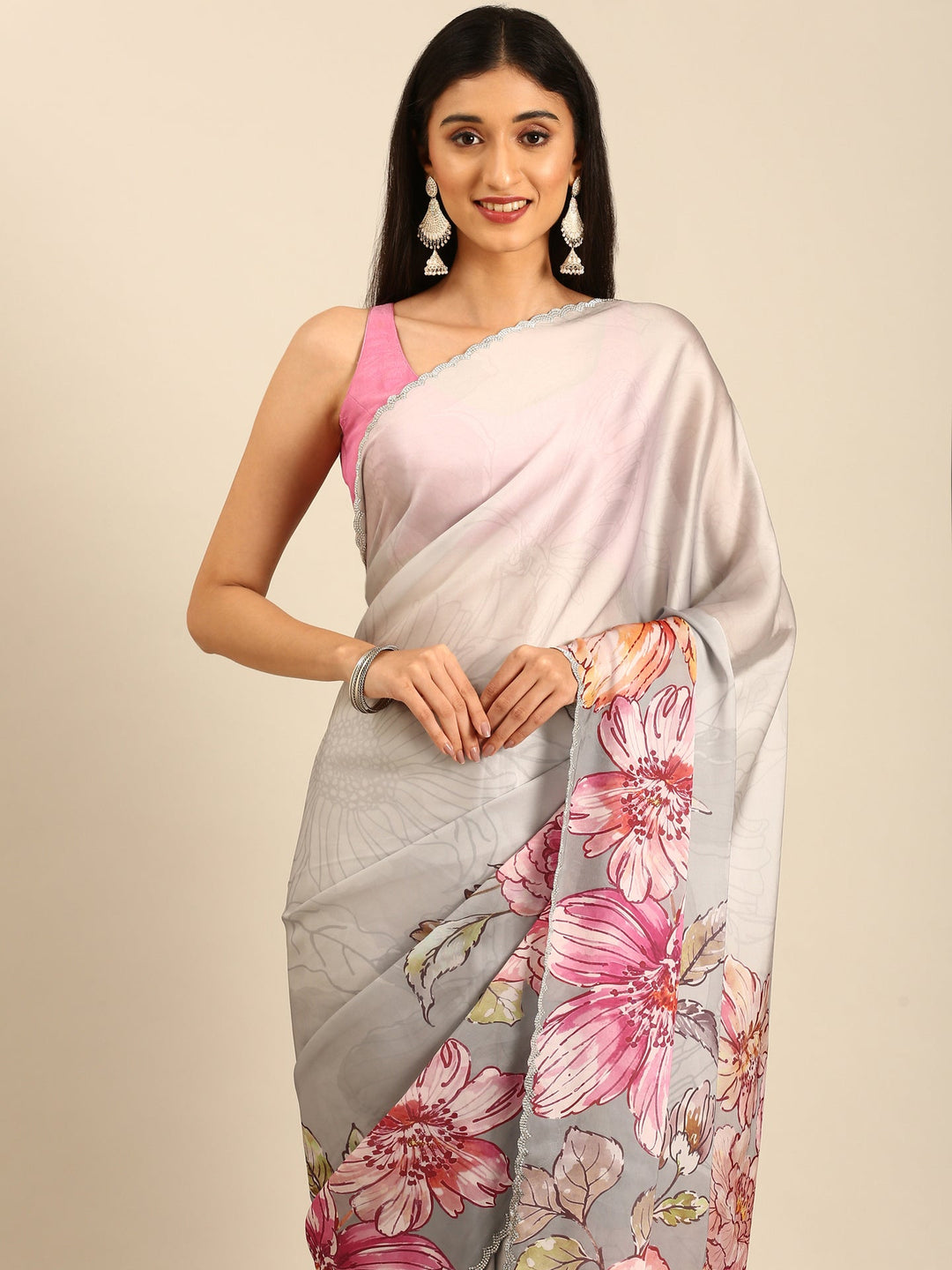 Neerus Satin floral embellished saree - side view