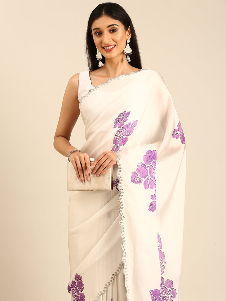 Off white printed satin saree with lavender motifs & Swarovski embroidery