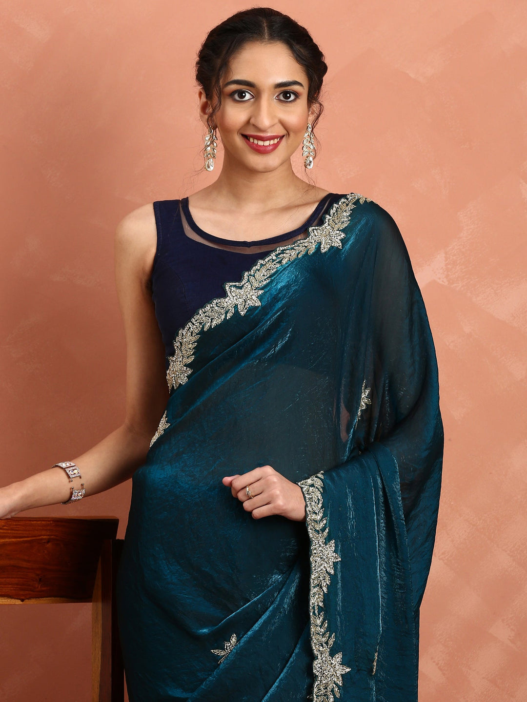 Neerus Blue satin hand embroidered saree - back view