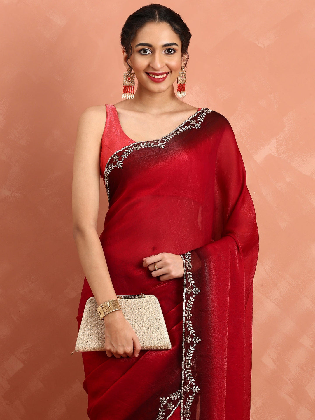 Neerus Red tissue hand embroidered saree - back view