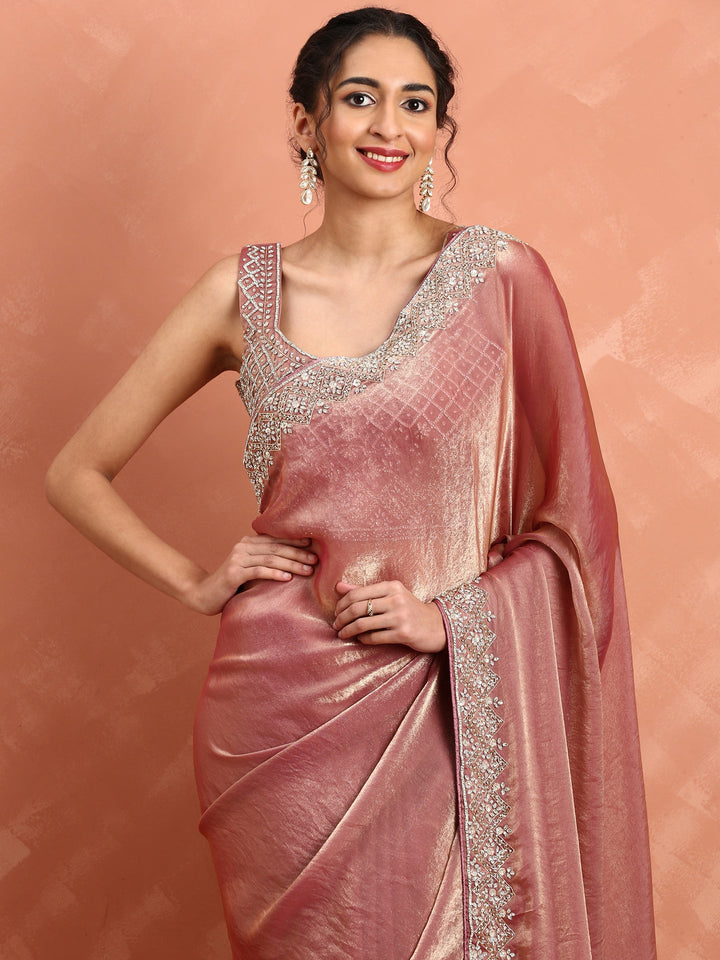 Onion pink tissue saree with Swarovski & cut Dana embroidery & ready made blouse