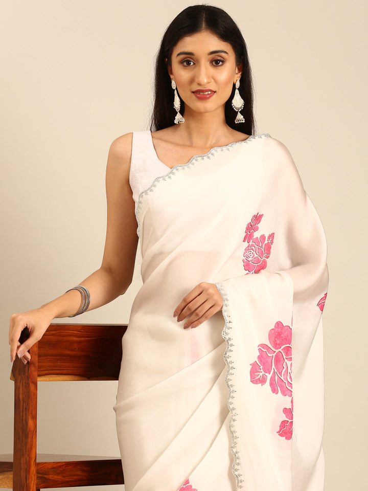 Cream Satin Saree With Pink Printed Motifs With Swarovski Embroidery