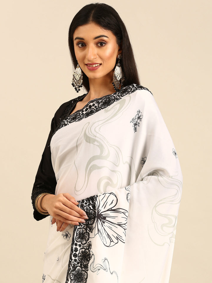 Black & White Satin Printed Saree With Hand Embroidery And Ready Made Blouse