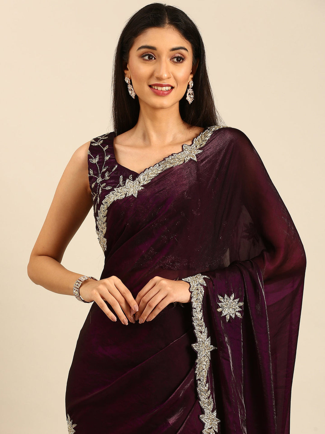 Neerus Maroon tissue embellished saree - side view