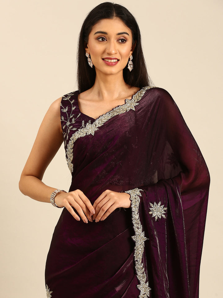 Neerus Maroon tissue embellished saree - side view