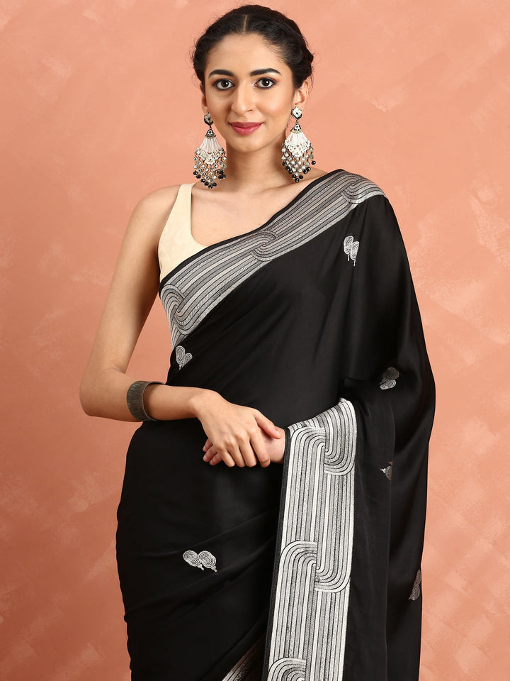 Neerus Black Banarasi woven saree with silver zari motifs - detail view 1