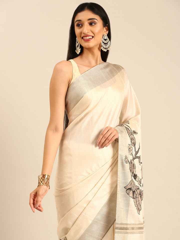 Neerus White raw silk printed saree with floral motif - detail view 1