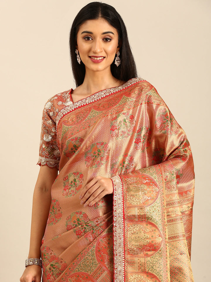 Neerus Red Banarasi hand embroidered saree with gold zardozi work - side view