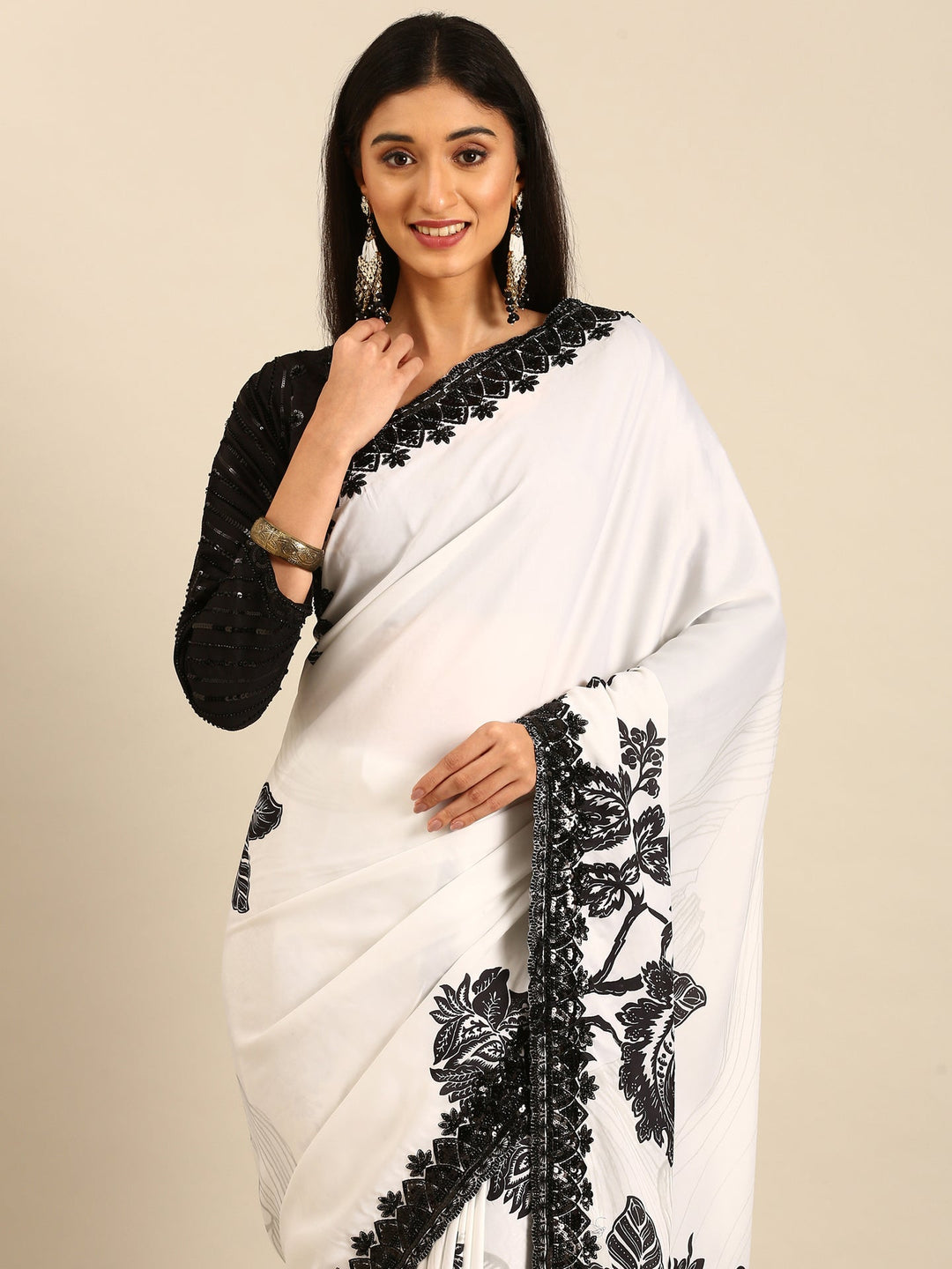 Neerus Black satin hand embroidered printed saree - detail view 1