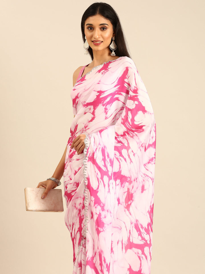 Neerus Pink satin embellished saree - side view
