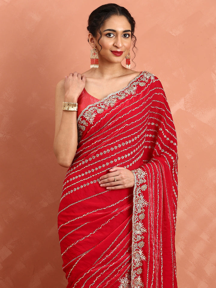 Neerus Red embellished Swarovski Cut Dana saree - detail view 1