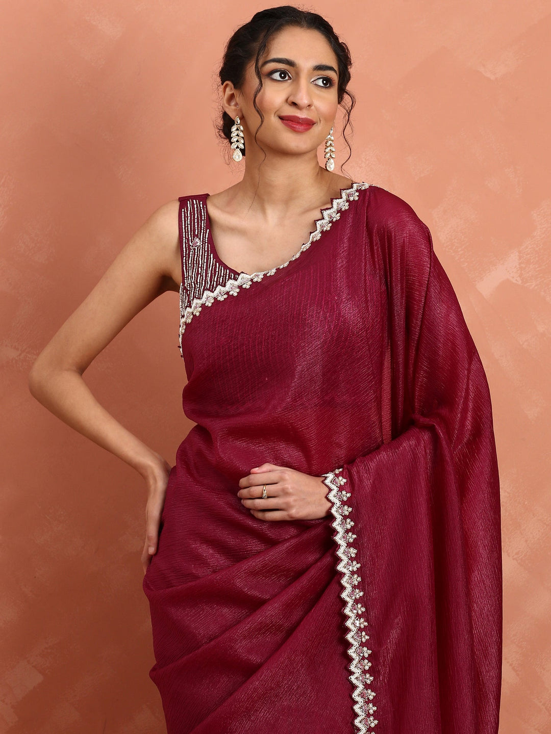 Neerus Maroon satin embellished saree - side view