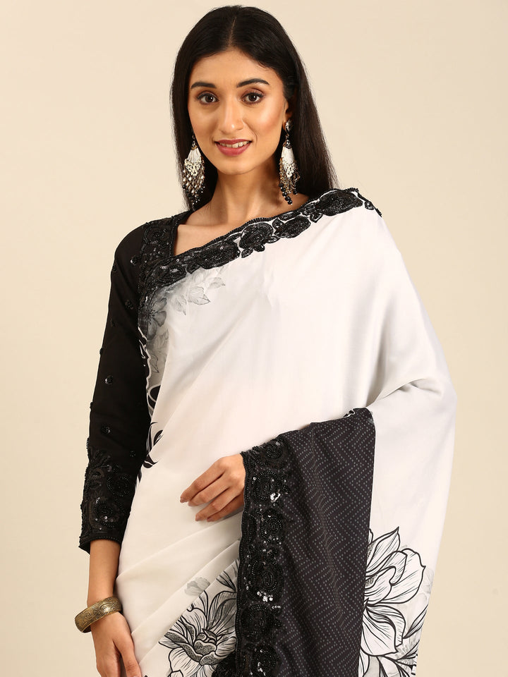 Black & white satin printed saree with hand embroidery & ready made blouse