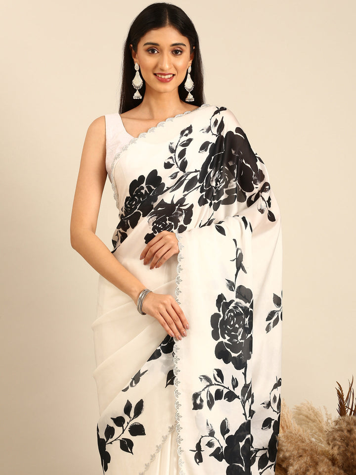 Black & White Floral Printed Satin Saree With Swarovski Embroidery