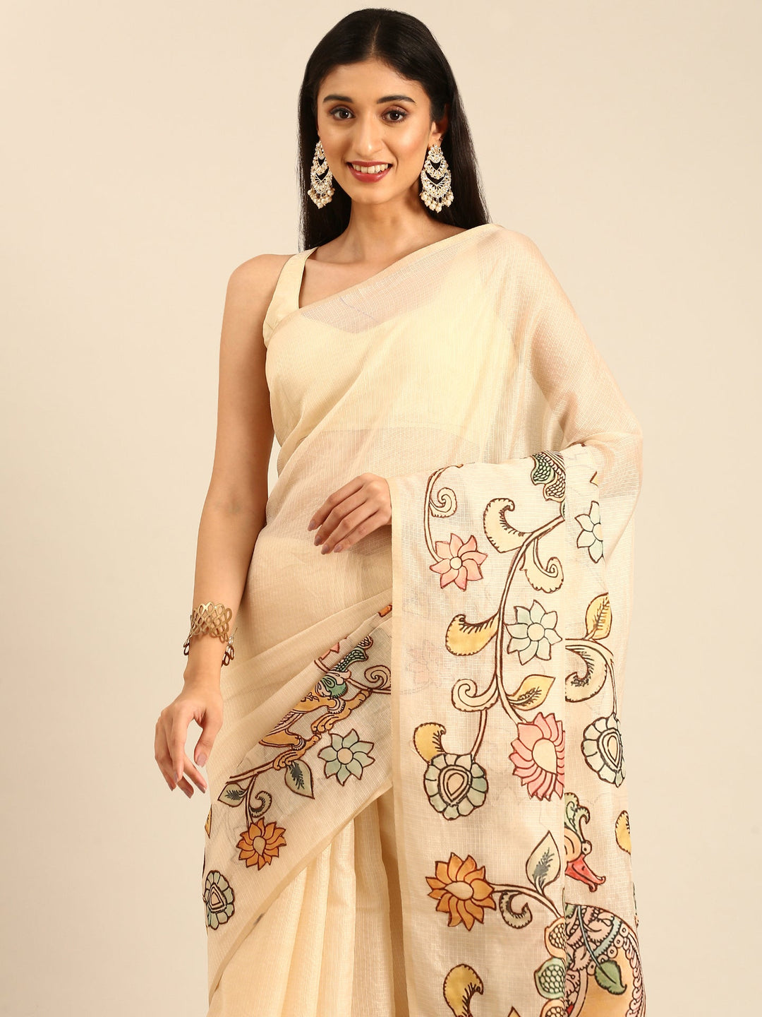 Neerus Beige Kota embellished saree with kalamkari applique pallu - side view