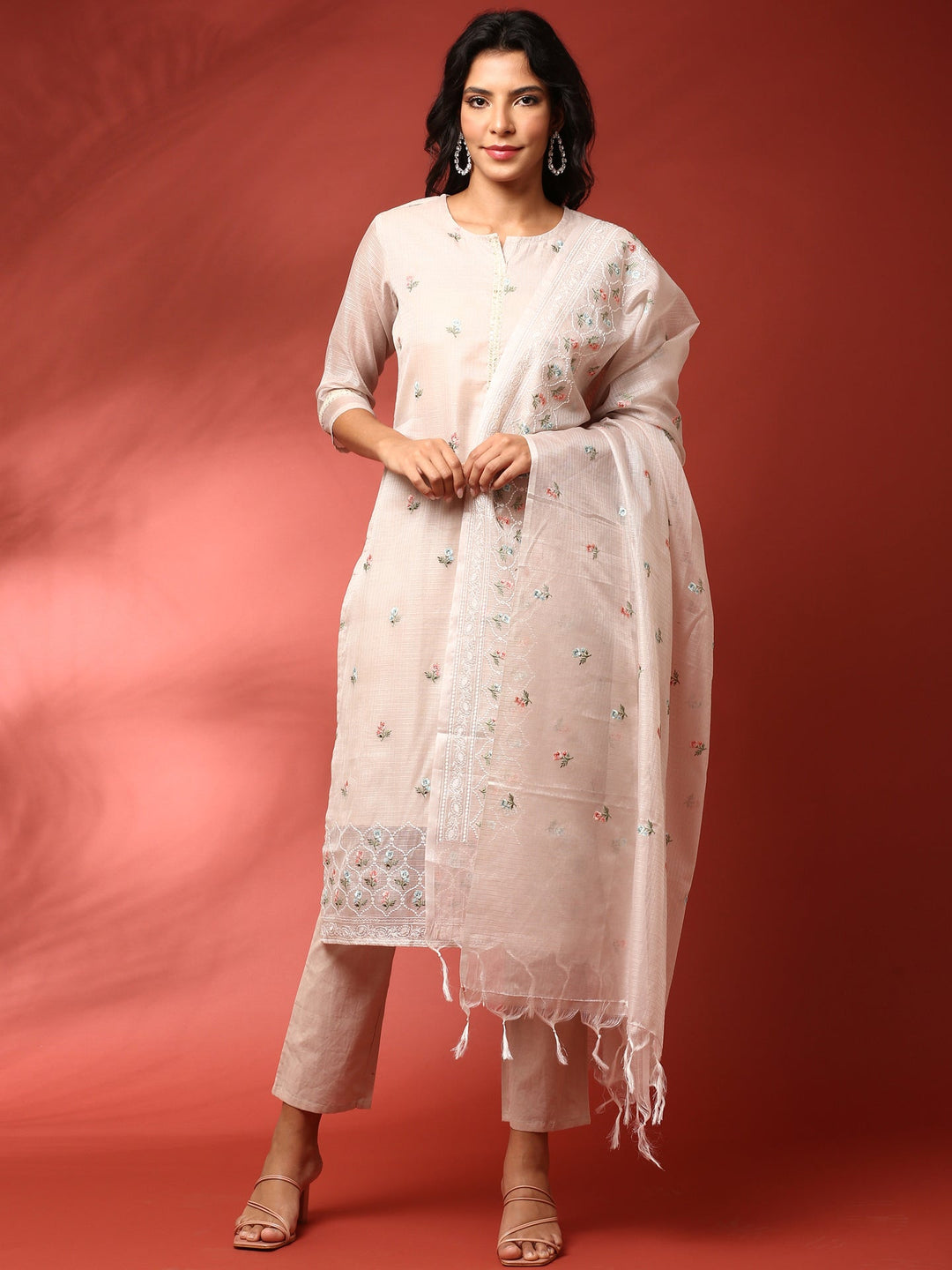 Neerus Beige Chanderi thread embroidered suit set - front view