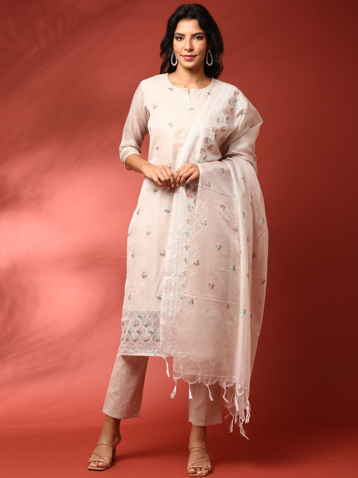Neerus Beige Chanderi thread embroidered suit set - front view