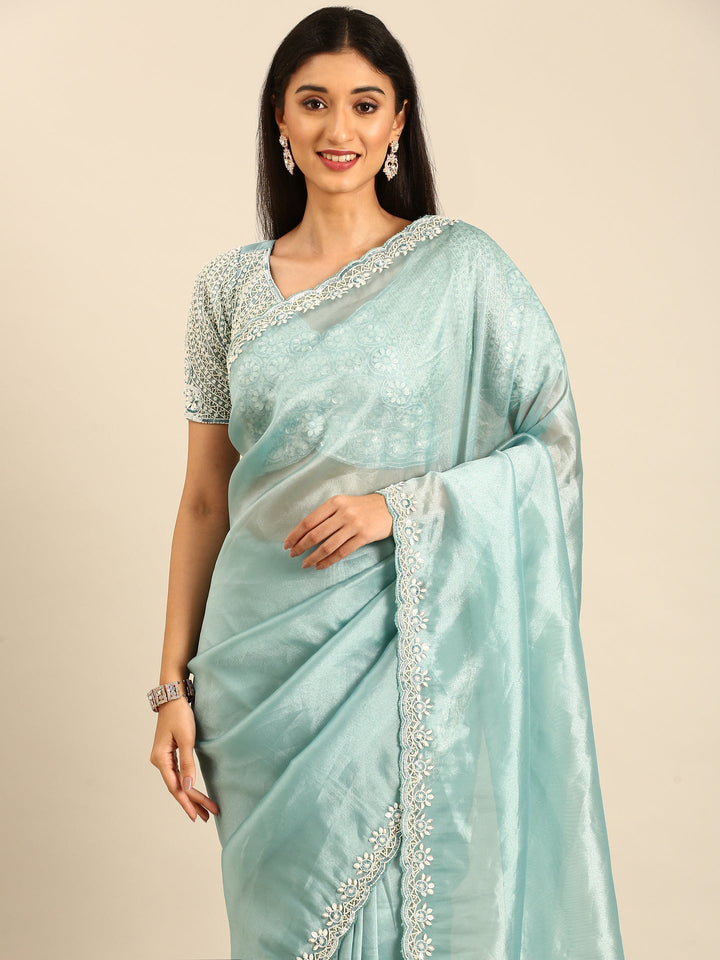 Neerus Blue tissue embellished saree with pearls and beads - side view