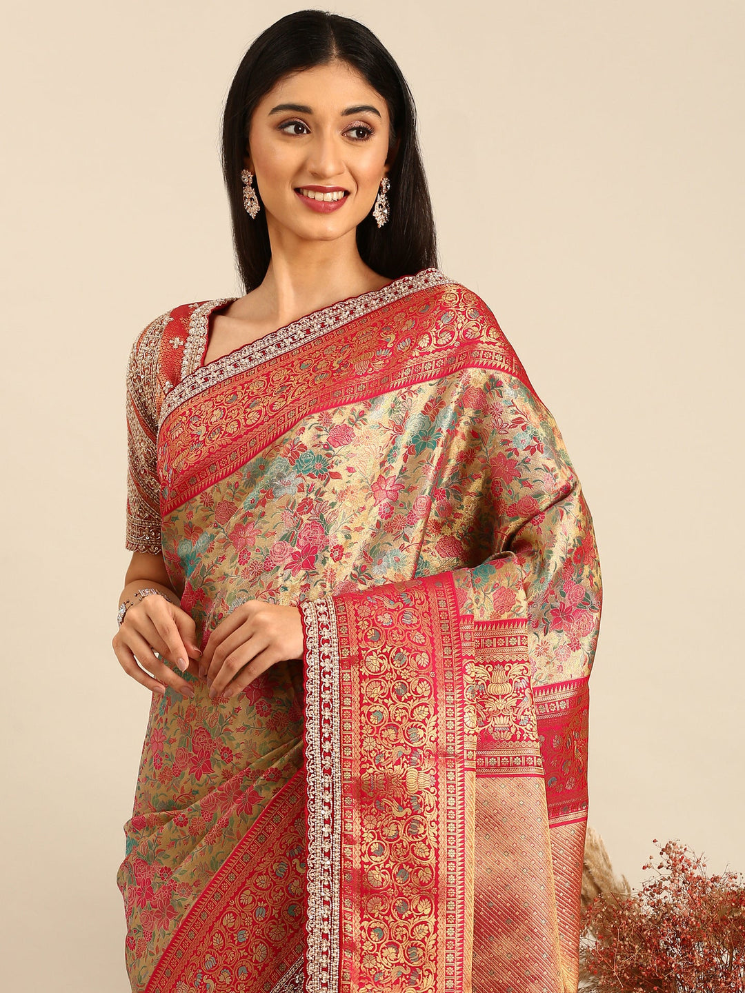 Neerus Gold Banarasi hand embroidered saree with meenakari jaal border - side view