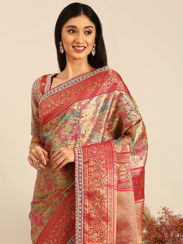 Neerus Gold Banarasi hand embroidered saree with meenakari jaal border - side view