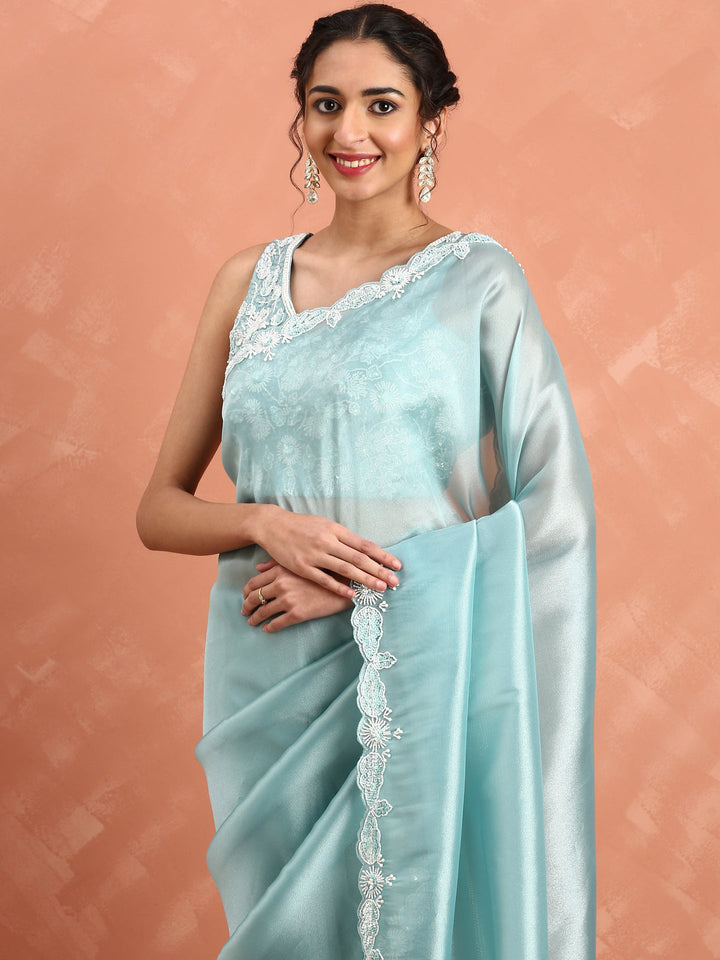 Blue Jimmy satin tissue saree work pearls & sequins embroidery with ready made blouse