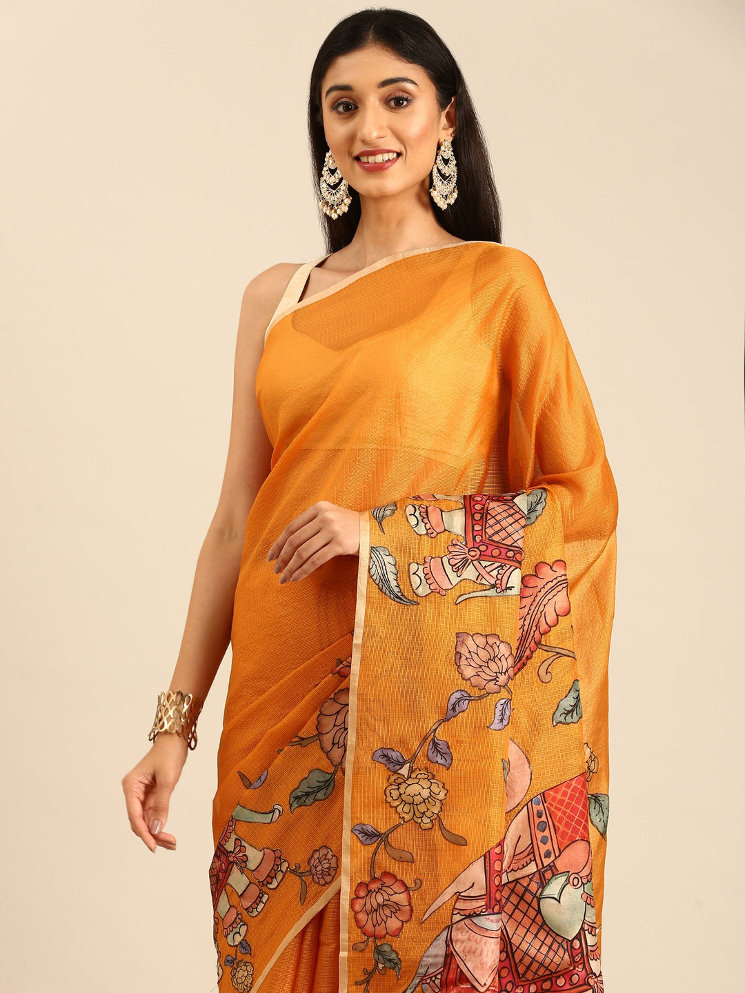 Neerus Yellow Kota Kalamkari appliqué saree - back view