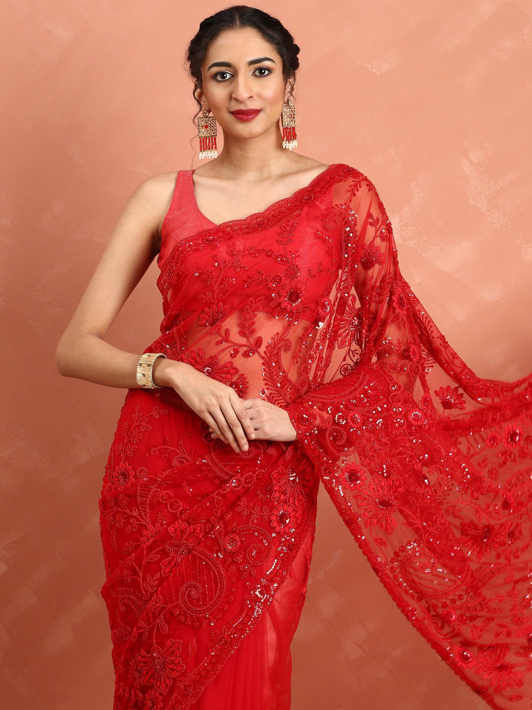 Neerus Red net hand embroidered saree with pearl sequins - detail view 1
