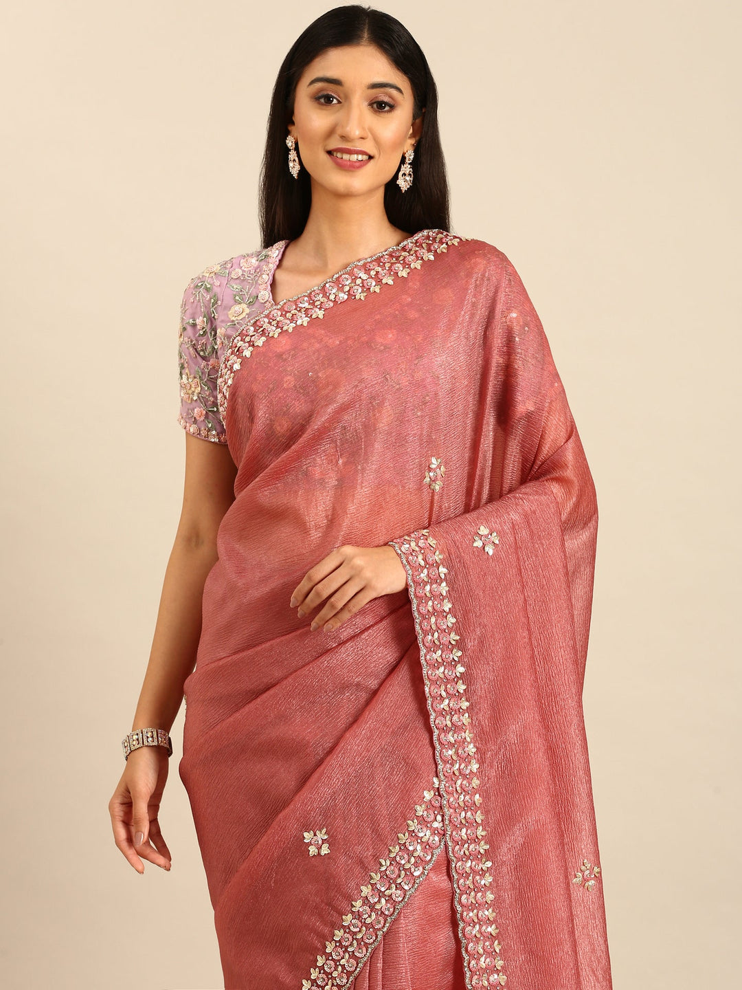 Neerus Pink tissue embellished saree with sequins and pearls - side view