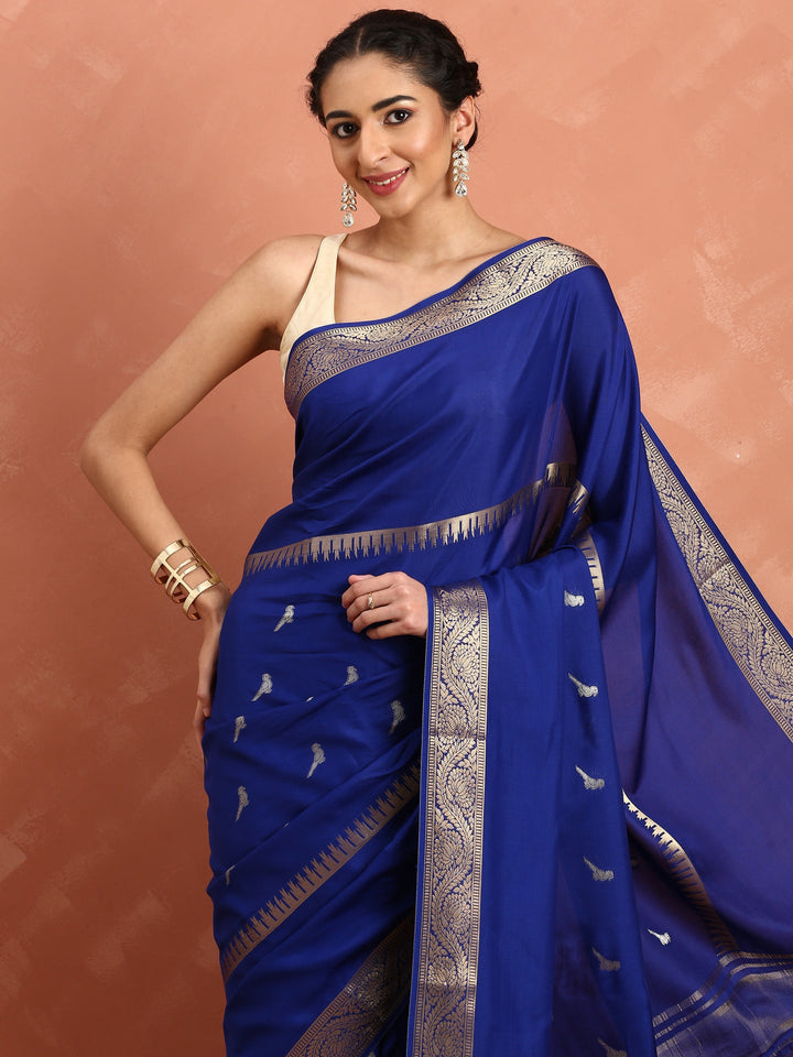 Neerus Blue Silk Woven Saree with Ethnic Pichvai Motifs - detail view 1