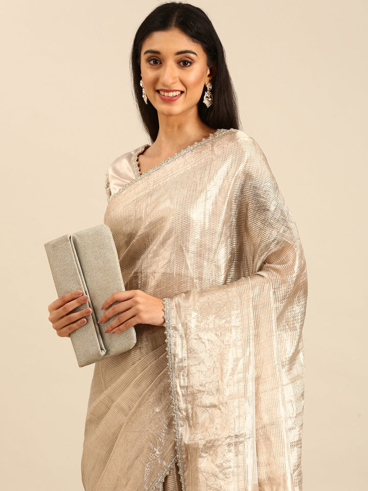 Silver Tissue Zari Saree With Hand Embroidery And Heavy Ready Made Blouse