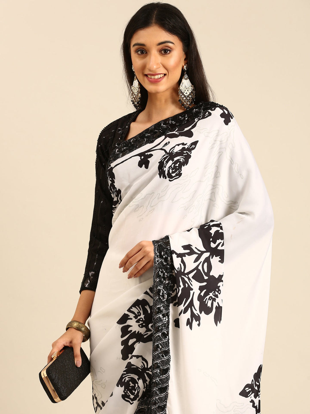 Neerus Black satin hand embroidered printed saree - side view