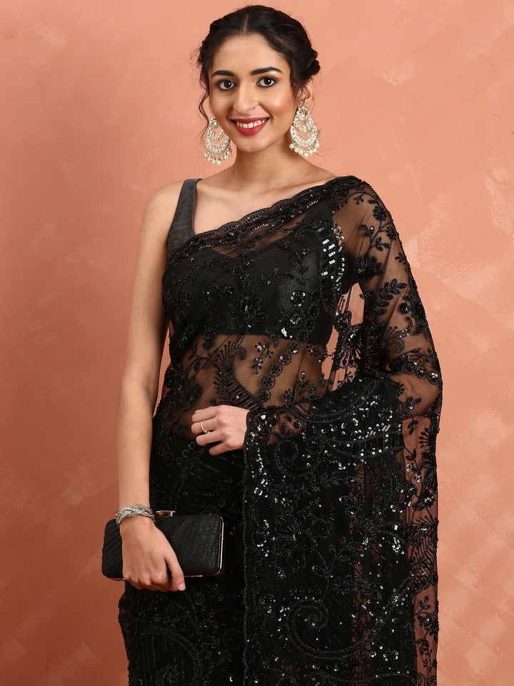 Black net saree with sequin heavy hand embroidery