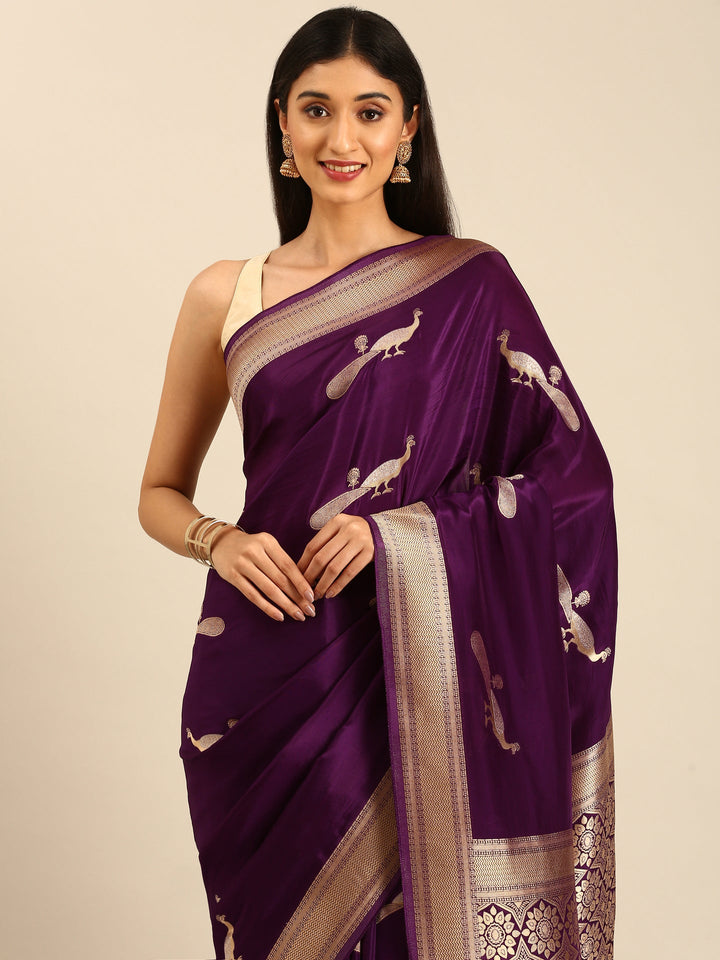 Neerus Maroon Banarasi woven saree with peacock motifs and zari border - side view
